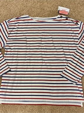 🆕 Vineyard Vines White Long-Sleeve Stripe Top with Red & Navy Stripes